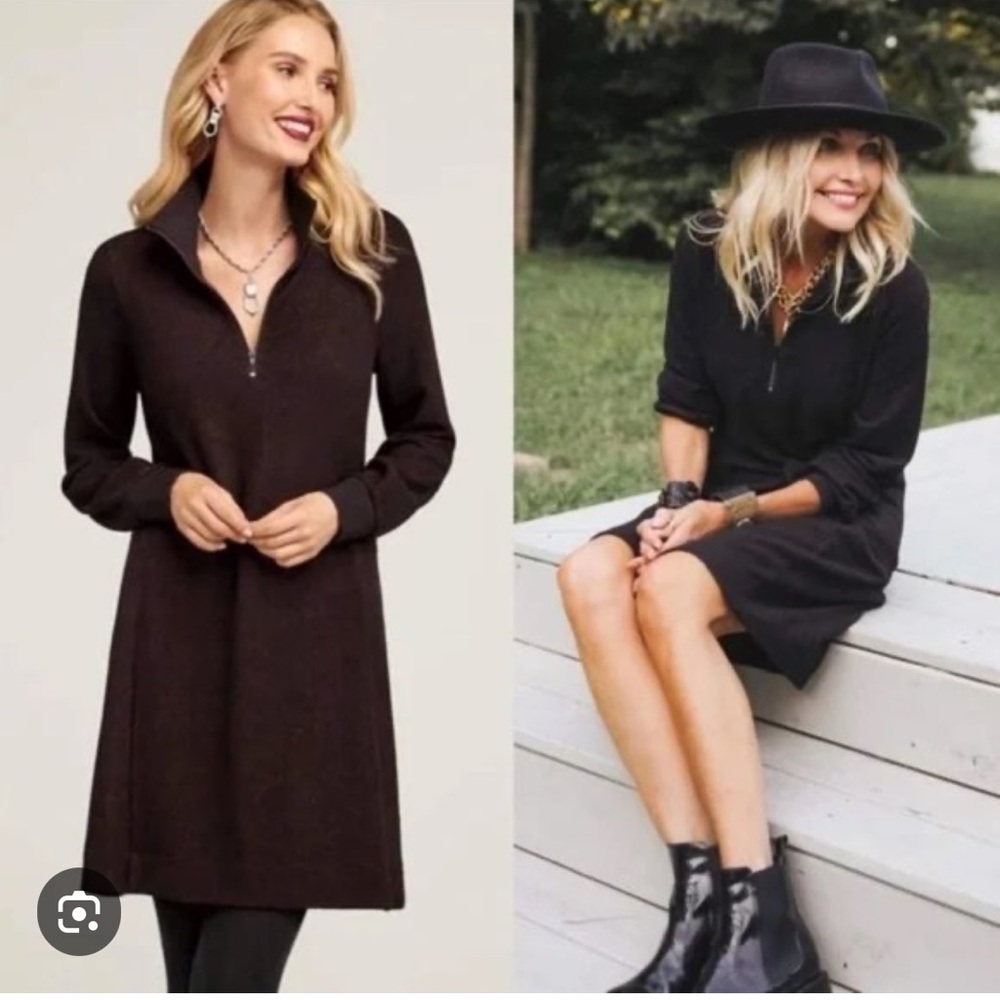 CAbi Cuddle Dress in Black and Burgundy Brushed Knit with Zipper Turtleneck